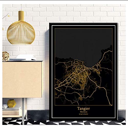 Lienzos de fotos 50x70cm sin marco Tánger, Marruecos, negro y dorado, mapas de luz de la ciudad, mapa de la ciudad del mundo, carteles, estilo nórdico, arte de pared, decoración del hogar