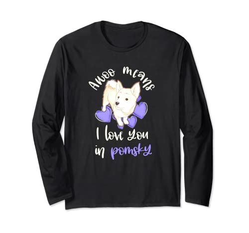 Lindo Awoo significa que te amo en Pomsky púrpura corazones perro meme Manga Larga