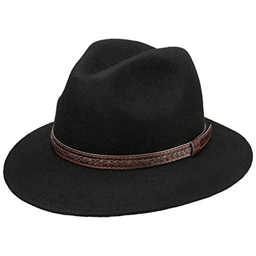 LIPODO Sombrero de Lana Kentucky, Hombre - Sombrero de Lana 100% - Sobrero de Fieltro Fabricado en Italia - Sombrero Traveller con Cinta de Cuero Negro L (58-59 cm)