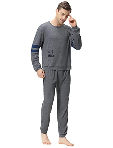 Litherday Pijamas Hombre Invierno de Manga Larga Ropa de Dormir Larga Cálido con Pantalon y Camiseta para Hombre 2 Piezas Conjunto Pijama Hombre,Gris Oscuro-Style C,M