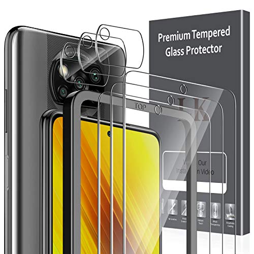 LK 6 Pack Protector de Pantalla Compatible con Xiaomi Poco X3 NFC/Poco X3 Pro, Contiene 3 Pack Cristal Vidrio Templado y 3 Pack Protector de Lente de cámara, Doble Protección, Marco de Posicionamiento