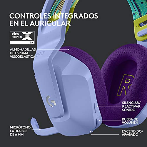 Logitech G733 LIGHTSPEED Auriculares con Micrófono Inalámbricos para Gaming con Diadema con Suspensión, LIGHTSYNC RGB, Tecnología de Micrófono Blue VO!CE, Ligeros, 29h de batería - Lila