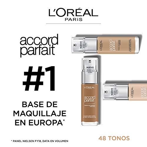 L'Oréal Paris Accord Parfait, Base de maquillaje acabado natural con ácido hialurónico, tono piel claro 2N, 30 ml