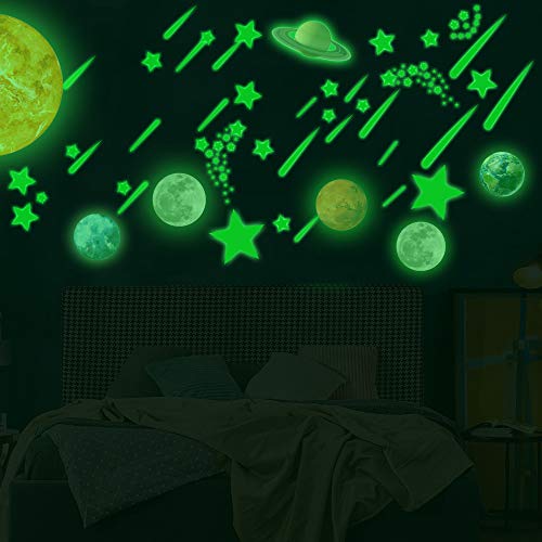 Luminoso Pegatinas de Pared, Estrellas y 10 Planetas Solar Fluorescente Adhesivos, Luna Estrellas Pegatinas de Pared Sistema Solar Luminosas Pegatina, Estrellas Fluorescentes para Techo (Verde)