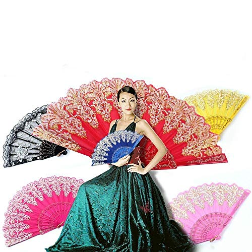 Luoshan Fan Fan señoras España Estilo de plástico Plegable del Pavo Real del cordón de la Danza del Dorado del Ventilador, tamaño: 23x42cm (Rosa) (Color : Black)