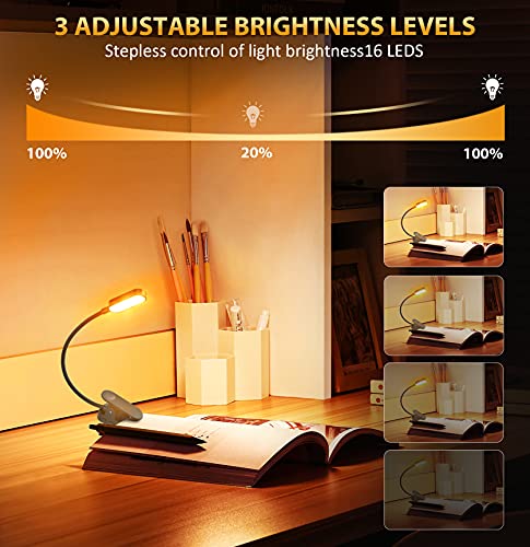 Luz Lectura Libros Lamparas de Lectura para Cama con 16 LED 9 Modos Brillo Ajustable Luz de Lectura USB Recargable 360°Flexible para Estudio, Cama, Libro, Tablet, PC y E-Reader
