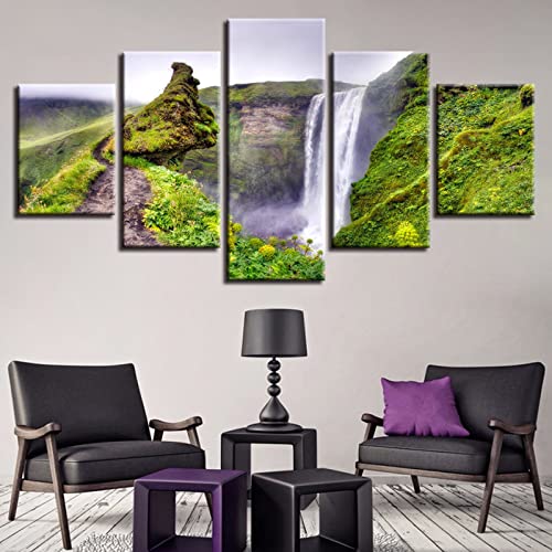 LWJPD Cuadro sobre Lienzo 150x80cm Sin Marco 5 piezas Cuadros Decorativos Impresos Para Pared, Hermosa Cascada, Camino De Montaña Verde, Paisaje Natural, Lienzo, Pintura