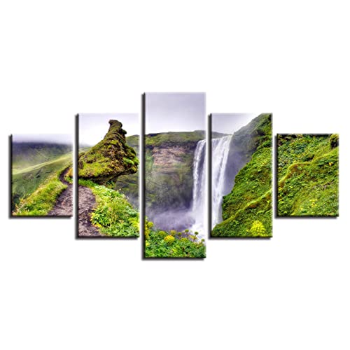 LWJPD Cuadro sobre Lienzo 150x80cm Sin Marco 5 piezas Cuadros Decorativos Impresos Para Pared, Hermosa Cascada, Camino De Montaña Verde, Paisaje Natural, Lienzo, Pintura