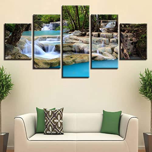 LWJPD Cuadro sobre Lienzo 150x80cm Sin Marco 5 piezas Decoración Para Cuadros De Pared De Sala De Estar Pequeña Cascada Bosque Verde Lienzo Pintura Paisaje Natural Impresiones Arte