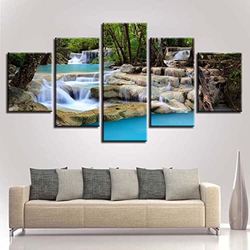 LWJPD Cuadro sobre Lienzo 150x80cm Sin Marco 5 piezas Decoración Para Cuadros De Pared De Sala De Estar Pequeña Cascada Bosque Verde Lienzo Pintura Paisaje Natural Impresiones Arte