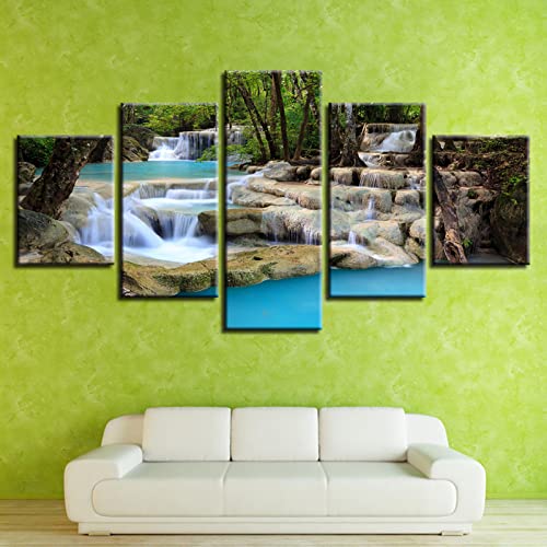 LWJPD Cuadro sobre Lienzo 150x80cm Sin Marco 5 piezas Decoración Para Cuadros De Pared De Sala De Estar Pequeña Cascada Bosque Verde Lienzo Pintura Paisaje Natural Impresiones Arte