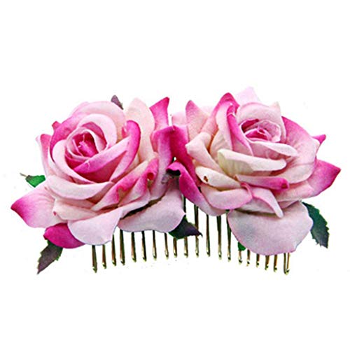 Lyguy Peine para el pelo, las mujeres señoras vintage dos simulación de terciopelo rosa flor clip para el pelo de la boda novia bailarina flamenca metal peine de pelo fiesta horquillas rosa