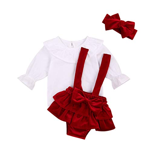 MAHUAOYIXI 3 unidades de Navidad de manga larga con pelele de color liso, informal, princesa, vestido de Navidad, bonito vestido de algodón, cómodo para niña, elegante, rojo, 0- 6 Meses