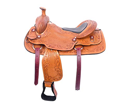 Manaal Enterprises Taquilla de cuero de primera calidad para silla de montar de caballos, cabeza a juego, cuello de pecho y riendas, tamaño 14-18 (asiento de 15 pulgadas)