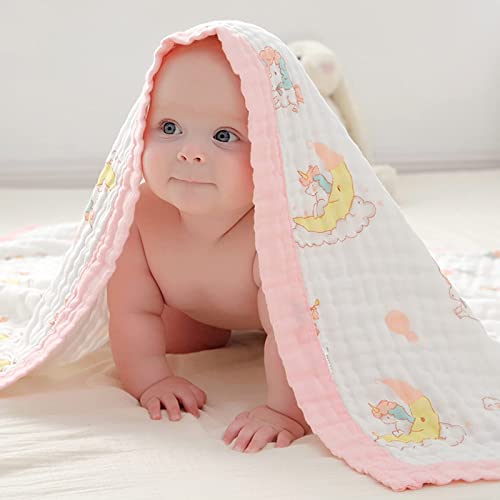 Manta de Algodón para Bebé,110 x 110 CM Mantas de Muselina 6 Capas Muselina Manta Bebe Swaddle Blanket Suave y Confortable Toalla de Baño (Unicornio Rosa)