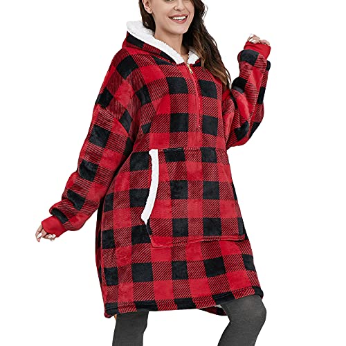 Manta de gran tamaño con capucha de forro polar esponjoso con capucha gigante regalo para mujeres, niñas, adultos, niños, cómoda, con capucha y bolsillo grande, Cuadros rojos, talla única
