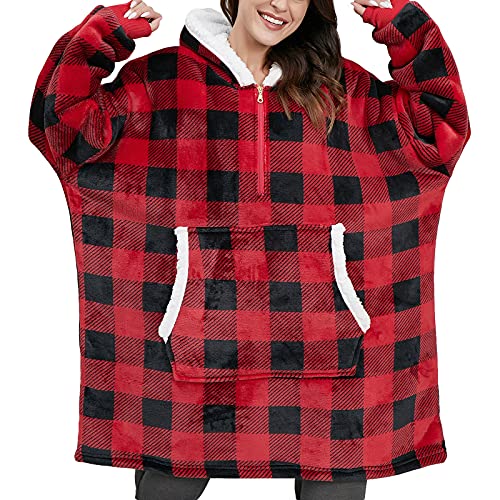 Manta de gran tamaño con capucha de forro polar esponjoso con capucha gigante regalo para mujeres, niñas, adultos, niños, cómoda, con capucha y bolsillo grande, Cuadros rojos, talla única