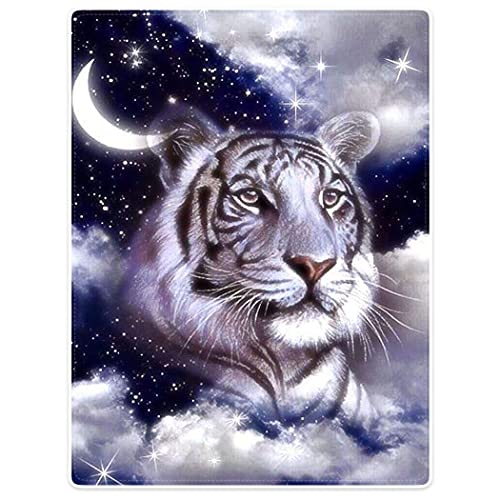 Manta de tigre, diseño de tigre de bengala blanca estrellada, suave y mullida manta de forro polar de 156 x 202 cm, color azul