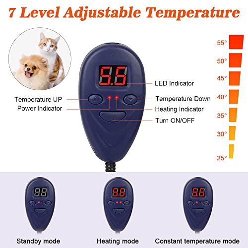 Manta Eléctrica para Perros y Gatos, Almohadilla Térmica para Mascotas Temperatura Constante Automática con 7 Velocidades de Ajuste de Temperatura, Protección contra el Sobrecalentamiento 65*40cm