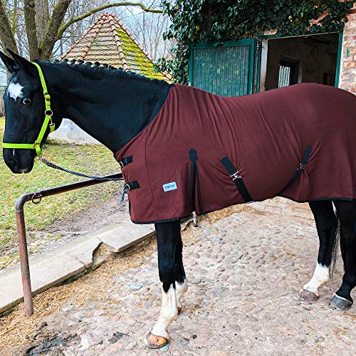 Manta para caballo con correa cruzada para caballos y ponis, transpirable, de forro polar, para secado rápido y calentamiento, color marrón, 125 cm