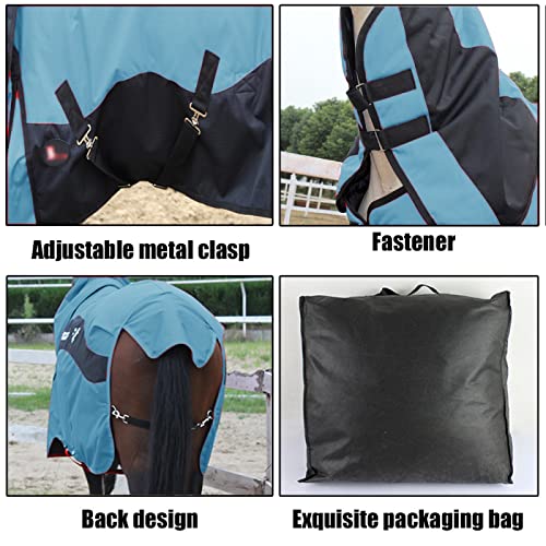 Mantas de Caballo para Invierno Impermeable, con Costuras Azules y Negras Jersey de Caballo Combinado, Mantener El Calor en Invierno, con Cuello Jersey de Caballo Desmontable,130cm/51in