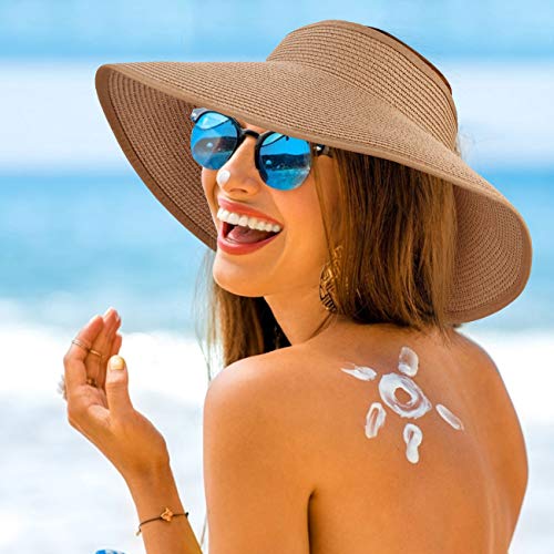 MAYLISACC 2 Piezas de Sombreros de Visera Mujeres, Sombrero de Sol Enrollable con Elegante Bowknot, Visera de Paja de ala Ancha Verano, Caqui y Negro