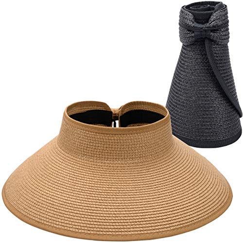 MAYLISACC 2 Piezas de Sombreros de Visera Mujeres, Sombrero de Sol Enrollable con Elegante Bowknot, Visera de Paja de ala Ancha Verano, Caqui y Negro