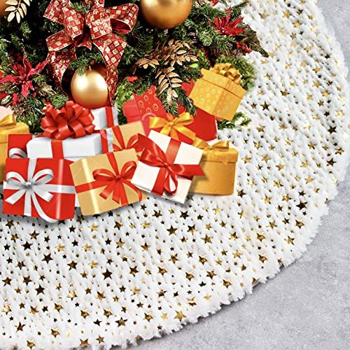 McNory 90cm Falda del árbol de Navidad,Piel sintética Faldas de árbol Blanco de Navidad Falda para Navidad Fiesta de año Nuevo Vacaciones en casa decoración(Estrellas Doradas)