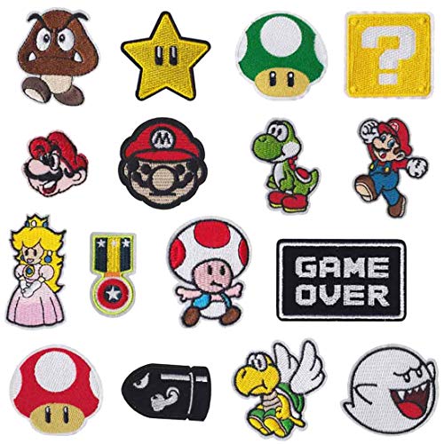 Meetlight - Parches para planchar y coser de los personajes de Super Mario Bros - Kit de parches bordados con diseños de videojuegos para ropa, chaquetas, mochilas y vaqueros, 16 unidades
