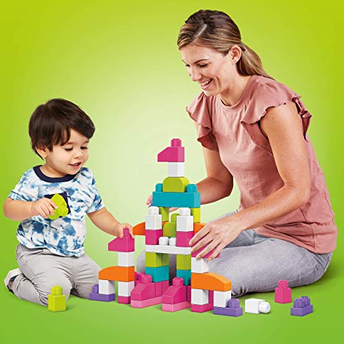 Mega Bloks Juego de construcciones 80 piezas con bolsa ecológica rosa, juguete bebé +1 año (Mattel DCH62)