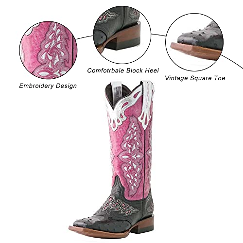 MeiLuSi Botas de vaquero occidentales vintage florales para mujer, tacón medio hasta la rodilla, botas altas de caballero, 1 rosa, 39 EU