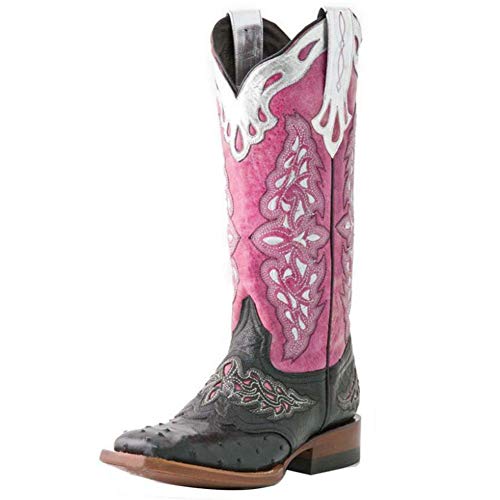 MeiLuSi Botas de vaquero occidentales vintage florales para mujer, tacón medio hasta la rodilla, botas altas de caballero, 1 rosa, 39 EU
