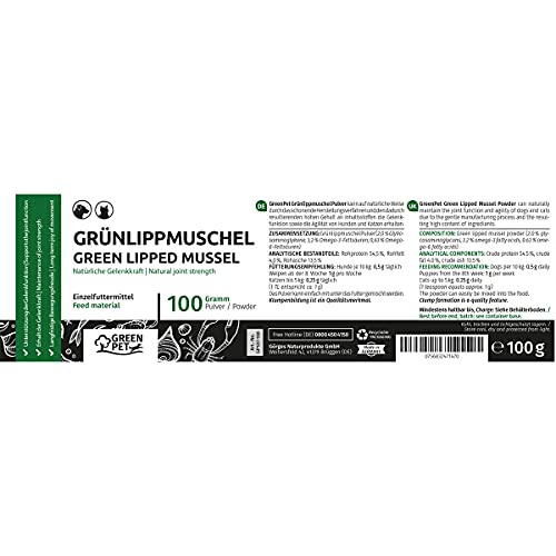 Mejillón de Labios Verdes de Nueva Zelanda para Perros y Gatos en Polvo (100gr.) | Condroprotector 100% Natural con Glucosamina | Indicado para Articulaciones y Movilidad en Perros y Gatos | GreenPet®