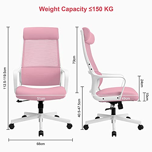 MELOKEA Silla Escritorio Ergonómica, Silla de Oficina Rosa con Soporte Lumbar y Reposacabezas Ajustable, Silla de Malla Transpirable, Altura Regulable Cojín de Asiento de 10 cm, 150 kg