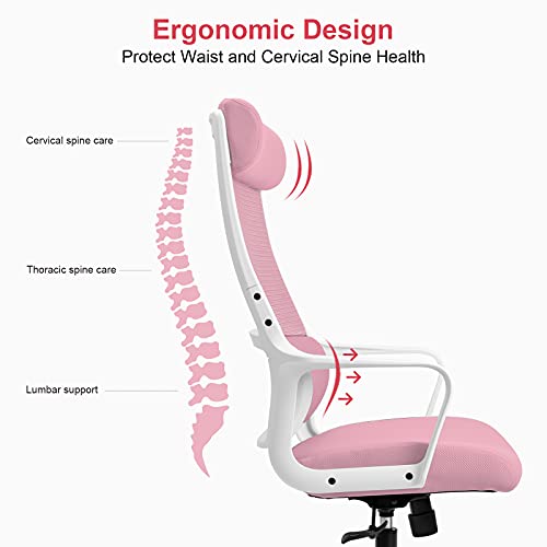 MELOKEA Silla Escritorio Ergonómica, Silla de Oficina Rosa con Soporte Lumbar y Reposacabezas Ajustable, Silla de Malla Transpirable, Altura Regulable Cojín de Asiento de 10 cm, 150 kg