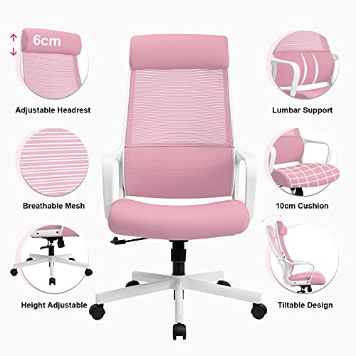 MELOKEA Silla Escritorio Ergonómica, Silla de Oficina Rosa con Soporte Lumbar y Reposacabezas Ajustable, Silla de Malla Transpirable, Altura Regulable Cojín de Asiento de 10 cm, 150 kg