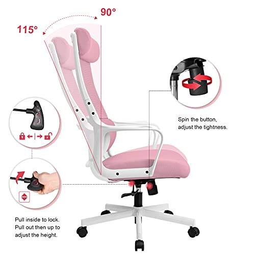 MELOKEA Silla Escritorio Ergonómica, Silla de Oficina Rosa con Soporte Lumbar y Reposacabezas Ajustable, Silla de Malla Transpirable, Altura Regulable Cojín de Asiento de 10 cm, 150 kg