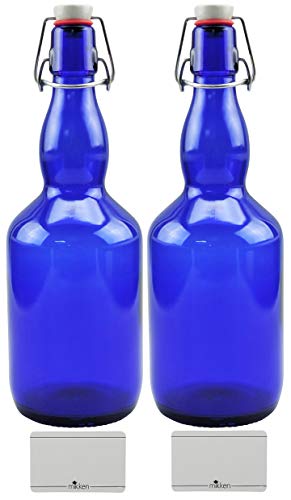mikken 2 botellas de cristal azul de 0,75 litros con cierre de clip de porcelana, incluye etiquetas de mensaje