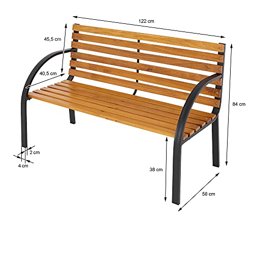 ML-Design Banco de Jardín de Madera Maciza Asiento de 2 Plazas con Respaldo y Reposabrazos 125x74x52 cm Banquillo con Elementos Laterales de Metal Fundido Mobiliario Silla Decorativo de Terraza Patio