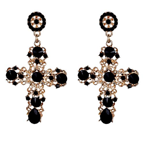 MOHAN88 Recién Llegado Pendientes de botón Cruzados de Cristal Vintage para Mujer Pendientes Largos Grandes Bohemios barrocos Regalo de joyería - Negro