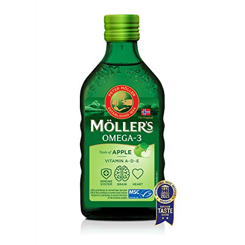 Moller’s ® | Aceite de hígado de bacalao con omega 3 | Complemento dietético con omega-3 EPA, DHA y vitaminas A, D y E | Aceite de hígado de bacalao | Sabor Manzana | 250 ml