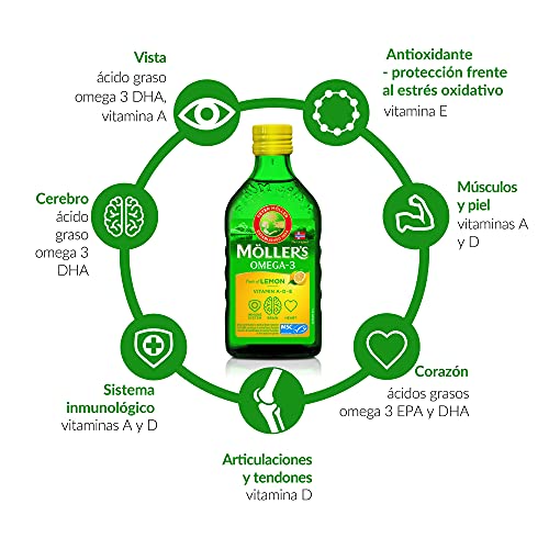 Moller’s ® | Aceite de hígado de bacalao con omega 3 | Complemento dietético con omega-3 EPA, DHA y vitaminas A, D y E | Aceite de hígado de bacalao | Sabor Limón | 250 ml