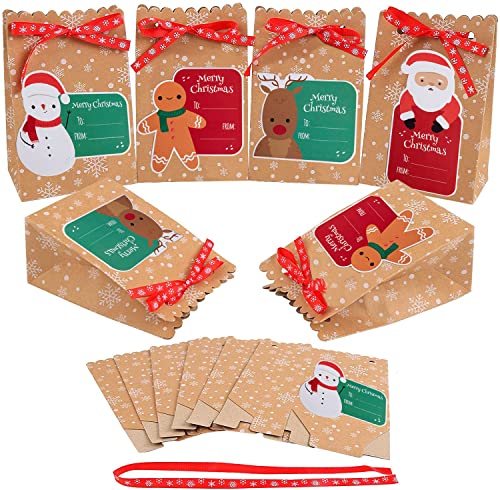 MonQi 24 pcs Cajas de Regalo Navidad, Bolsas de regalo navidad Papel Kraft con 24 Etiquetas Navideñas para Decoración de Navidad Caramelos Dulces Galletas Chocolates(12 x 7 x 18.5cm) (24pcs)