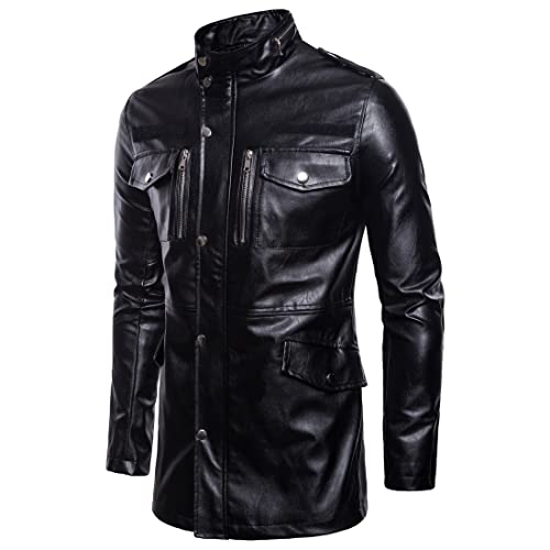 Motocicleta Chaqueta Hombre Moderno Fresco Collar Pie Color Sólido Hombre Cuero Chaqueta Otoño Invierno Mangas Largas con Bolsillo Cremallera Prueba Viento Impermeable Chaqueta