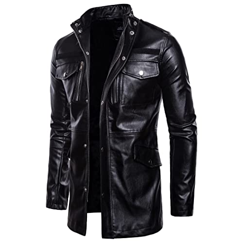 Motocicleta Chaqueta Hombre Moderno Fresco Collar Pie Color Sólido Hombre Cuero Chaqueta Otoño Invierno Mangas Largas con Bolsillo Cremallera Prueba Viento Impermeable Chaqueta