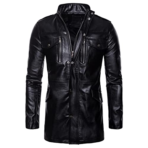 Motocicleta Chaqueta Hombre Moderno Fresco Collar Pie Color Sólido Hombre Cuero Chaqueta Otoño Invierno Mangas Largas con Bolsillo Cremallera Prueba Viento Impermeable Chaqueta