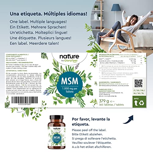 MSM 365 Tabletas Veganas + Vitamina C natural - 2000mg polvo de azufre con Vitamina C de Acerola para una mejor absurbation - Antiinflamatorio muscular + Articulaciones - Producción sin aditivos