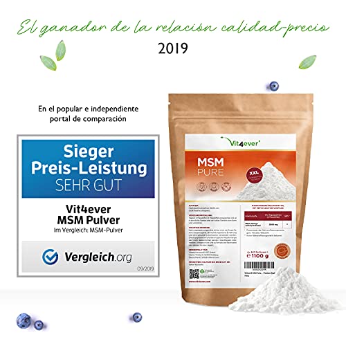 MSM en polvo - 1,1 kg (1100g) - Metilsulfonilmetano cristalino 99,9% puro - Factor de malla 40-80 - Azufre orgánico - Vegano