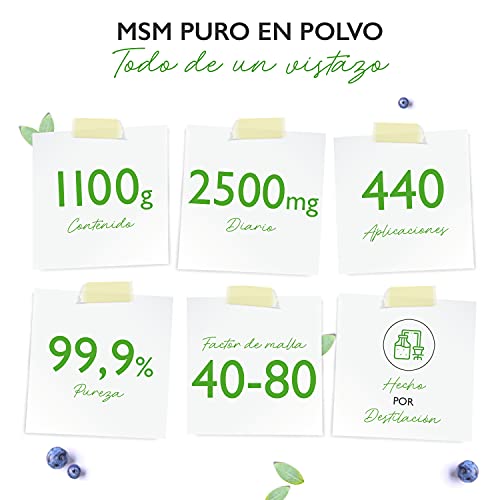 MSM en polvo - 1,1 kg (1100g) - Metilsulfonilmetano cristalino 99,9% puro - Factor de malla 40-80 - Azufre orgánico - Vegano