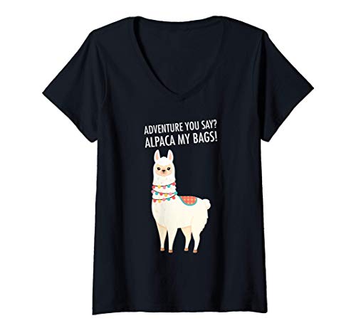 Mujer Aventura Alpaca Mis Bolsas Divertido Diseño de Viaje de Camiseta Cuello V